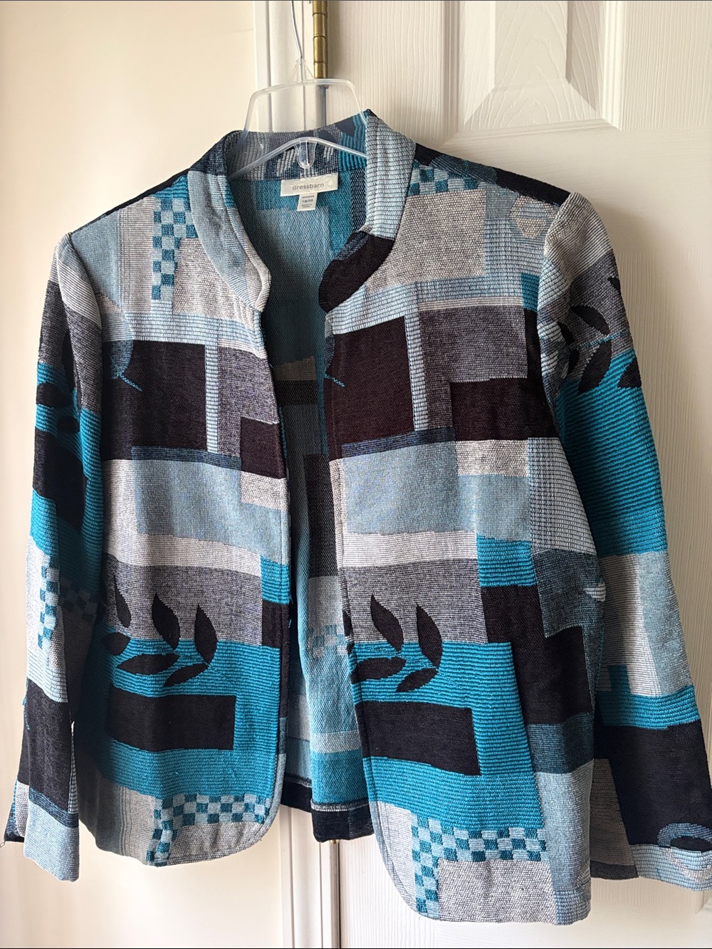 Dressbarn Teal, Gray & Black Geometric Open-Front Jacket